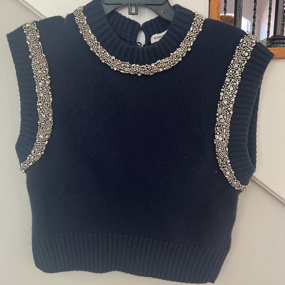 Navy Sleeveless knitted Top with Embellishments